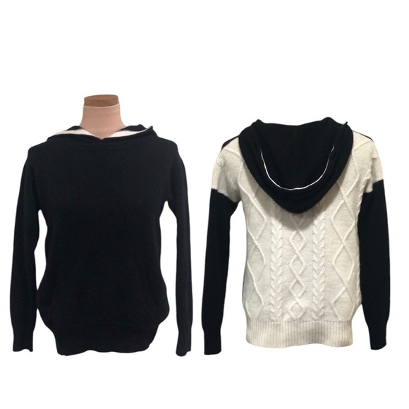 Autumn Cashmere Sweaters - Autumn Cashmere Hooded Sweater Size Medium Black Cream Ecru Cable Knit